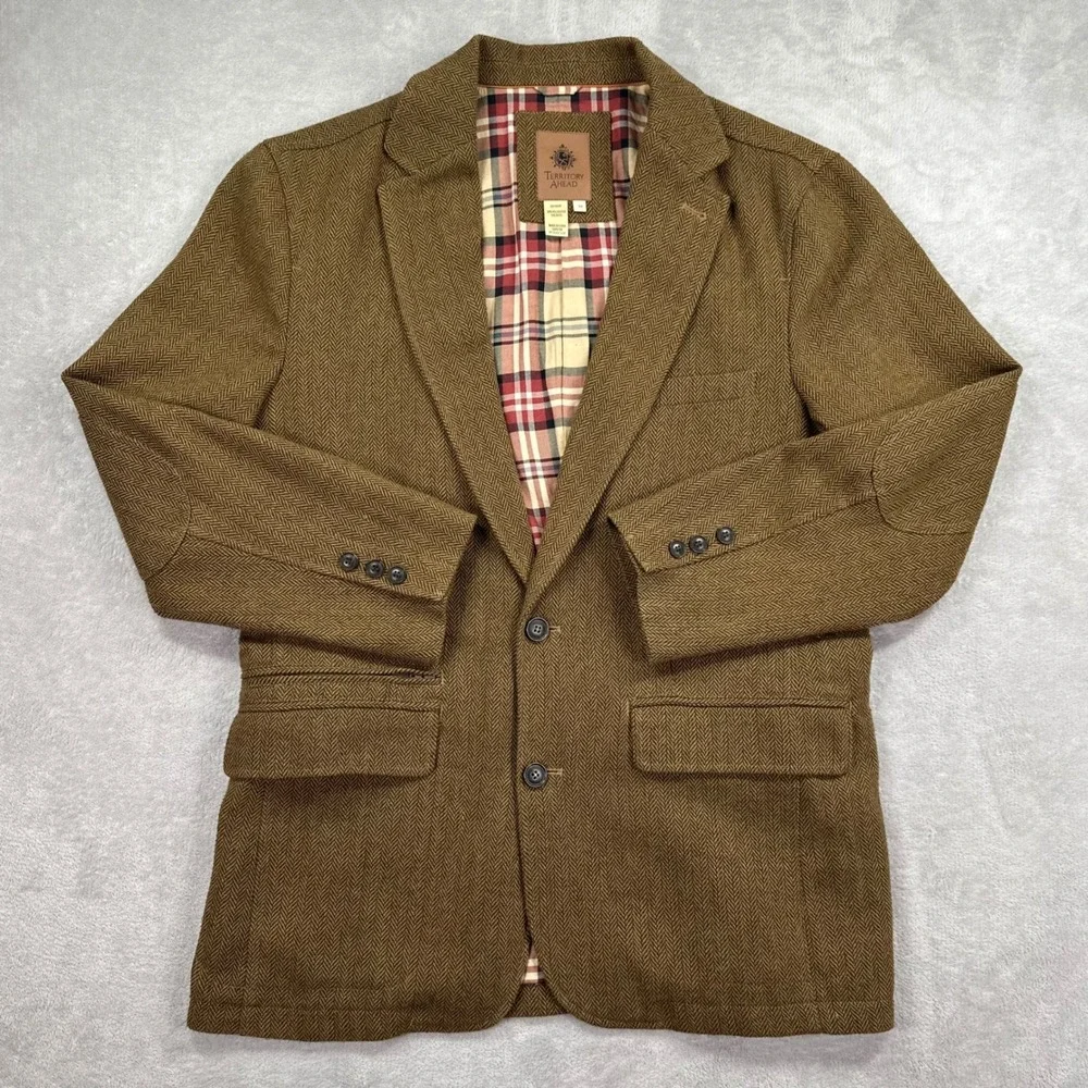 Territory Ahead Blazer Mens Medium Brown Herringbone Wool Blend Elbow Patches